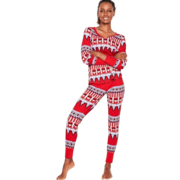 Victoria's Secret Pajamas Red Fair Isle Thermal PJ's set Size M 6-10 - Picture 1 of 5